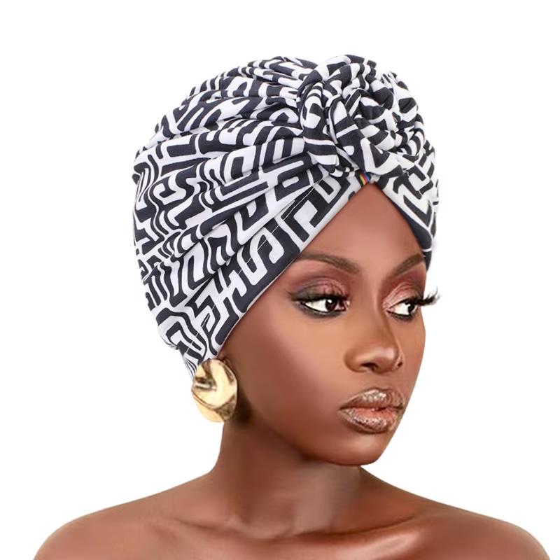 New Women African Print Pleated Turban Knotted Headwraps Elastic Head Scarf Floral Beanie Chemo Cap Bandana Headwear Hair Covers