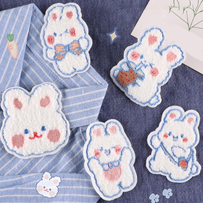 55KF 5 Pcs Cartoon Rabbits Embroidered Patches Iron on Patches Animal Repair Patches Sewing on Patches for Clothes Bag Jeans