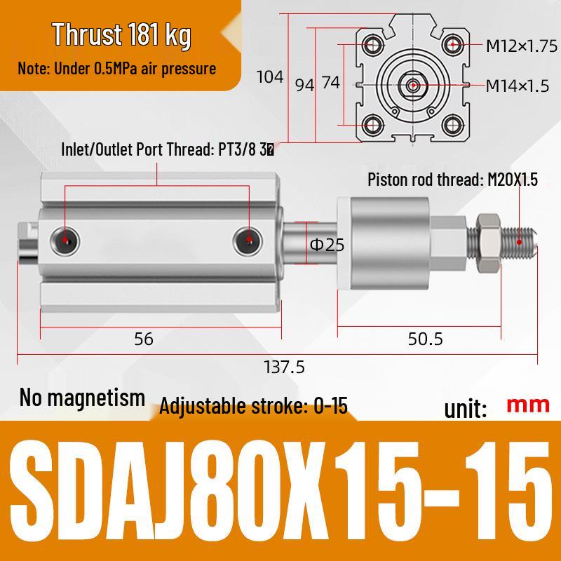 Adjustable Stroke Pneumatic Thin Cylinder - Piston Rod Sizes: 16/20/25/32/40/63