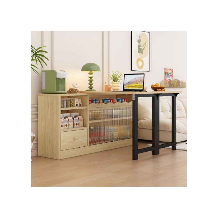 Table De Salle À Manger Pliante - MUVOE - Extensible - Rangement Intégré - Design Pivotant 360° - Naturel+Noir