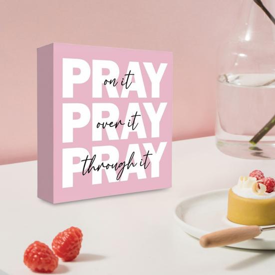 Yousheng Pray On It Wooden Sign Pink Prayer Room Decor for Women Inspirational Christian Desk Sign for Dorm Room Bedroom Office Decor