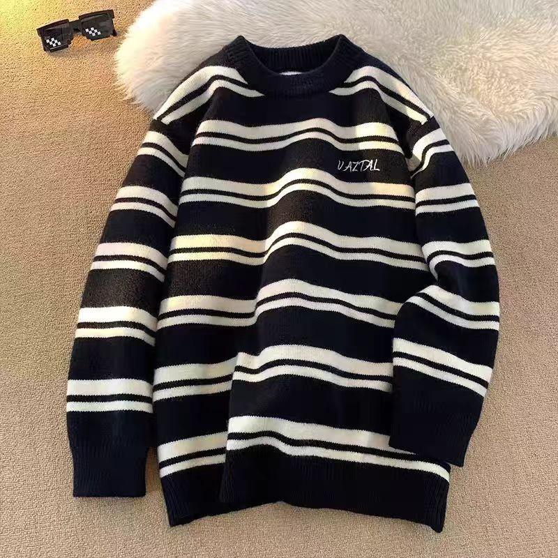 Oversized Crew Neck Striped Knit Sweater Men Women Casual Winter Pullover Slim Fit Cotton Blend
