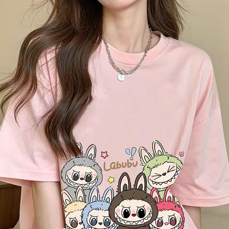 Labubu Print Women Short Sleeve T-shirt Summer Casual Fashion Clothing Girl Cartoon Cute Anime Printed Tops