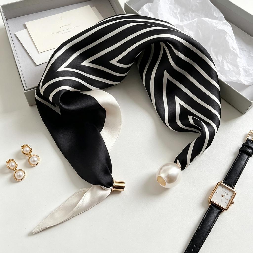 Blue Prints Elegant Pearl Tail Magnetic Clasp Scarf Summer New Versatile Breathable Fashion Artistic Accessory Neck Wrap Scarves