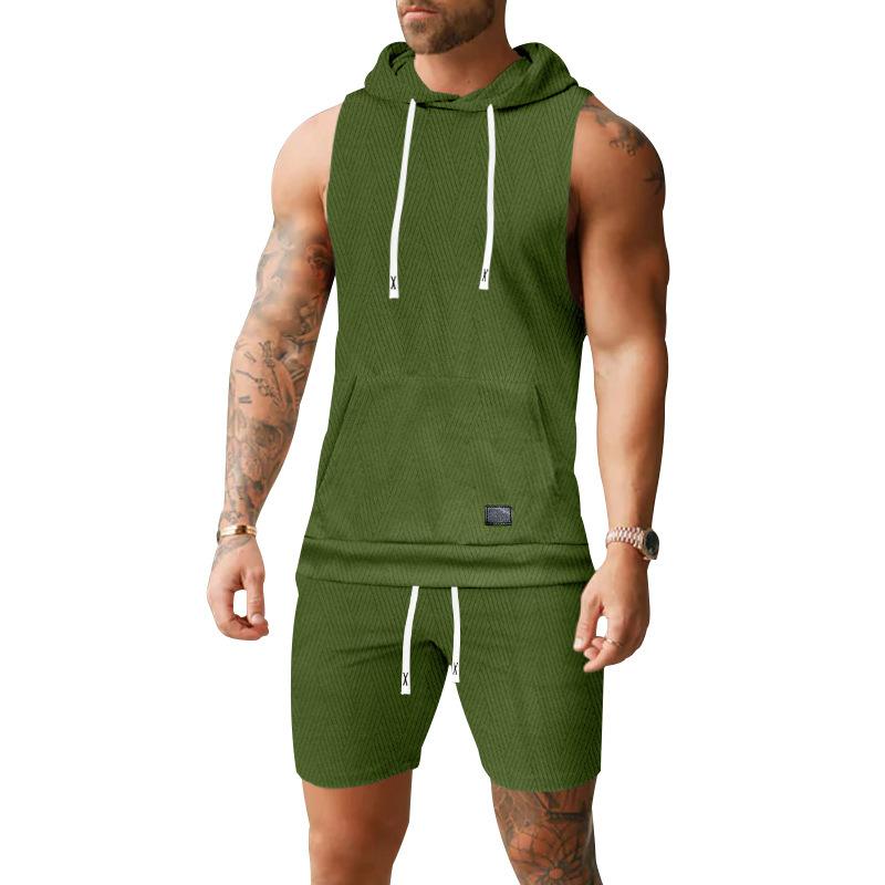 Mens Sleeveless Hoodie Shorts Set Casual 2 Piece Outfit