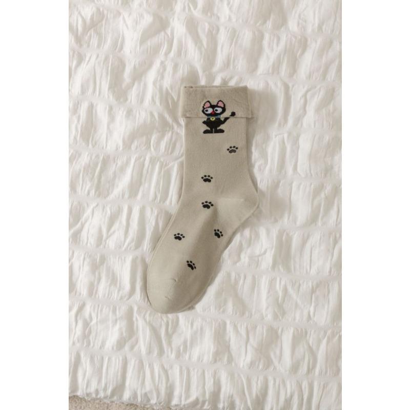 Cute Flanged Socks for Girls, Sweet Bow Mid-calf Socks, Versatile for Autumn and Winter, Cartoon Striped Student Pile Socks