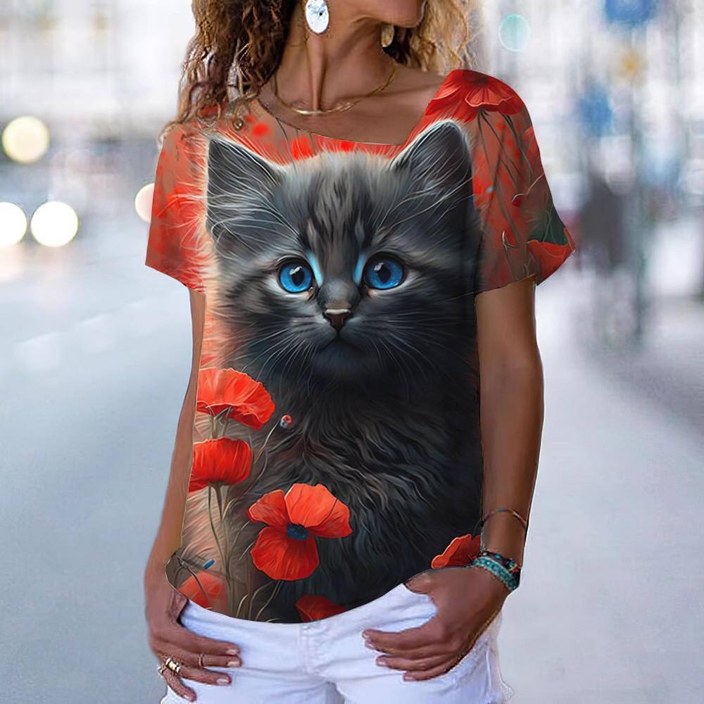 New Diagonal V-neck T-shirt for Women, Short Sleeved Summer Clothing, Animal Printed Loose Cat T-shirt
