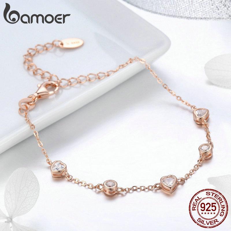 BAMOER Classic 925 Silver Heart Gold Color Women Bracelets Chain Lobster Clasp Bracelet Silver Jewelry SCB097