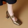 2024 High Heels Elegant Women Pumps Spring Summer Genuine Leather Square  Toe Buckle Strap Mary Janes Shoes Woman Office Lady