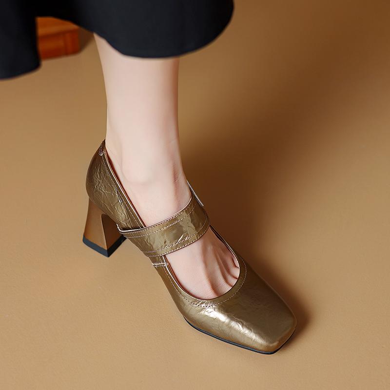 2024 High Heels Elegant Women Pumps Spring Summer Genuine Leather Square  Toe Buckle Strap Mary Janes Shoes Woman Office Lady