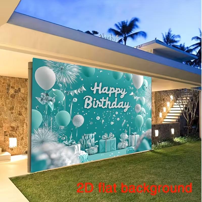 2D Flat Birthday Party Backdrop Turquoise Silver Balloon Photo Background for Outdoor Indoor Use