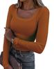 Women's U Neck Long Sleeve Tee Slim Fit Casual Ribbed Knit Solid Color Spring Basic Top