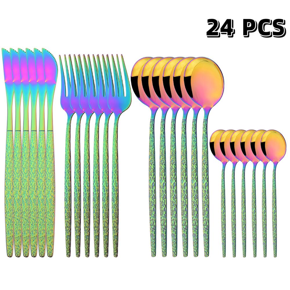 24Pcs Black Western Dinnerware Set Stainless Steel Cutlery Set Fork Steak Knife Spoon Tableware Set Flatware Silverware Set