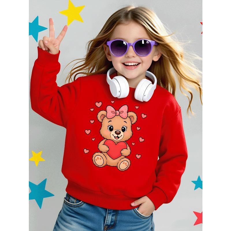 Youth Crewneck Sweatshirt Featuring a Teddy Bear with a Heart on a Pink Backdrop, Suitable for Machine Washing, Perfect for Spring And Autumn