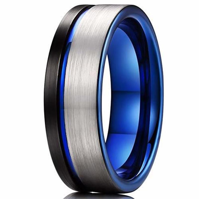 Trendige 8 mm mehrfarbige Titan-Stahlringe für Männer, dünne blaue Nut, abgeschrägte Kante, Edelstahl, Herrenring, Ehering, Schmuck