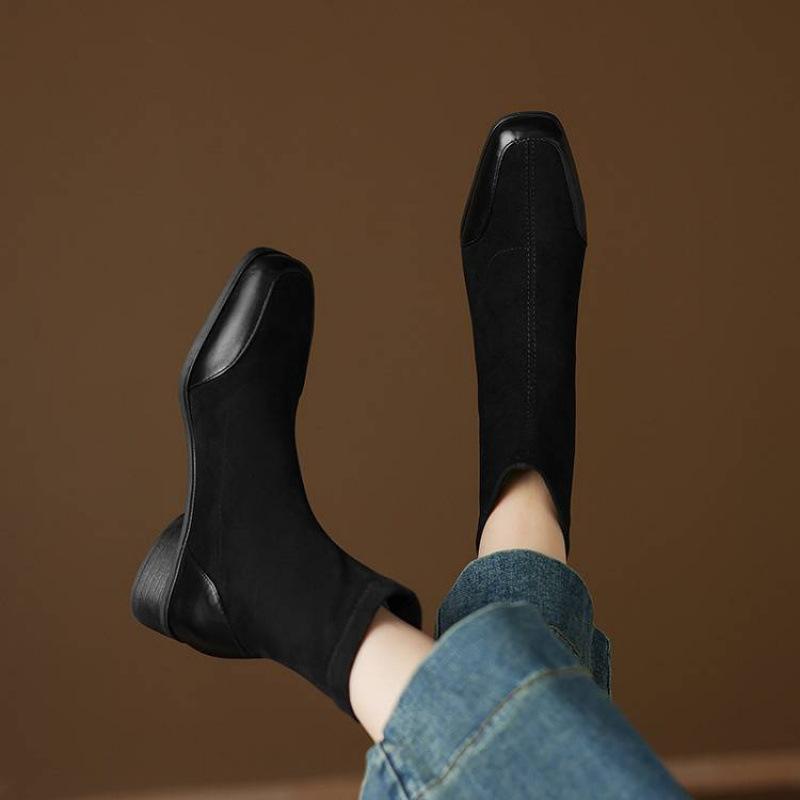 New Square Head Women's Large Size Martin Boots Solid Color Elastic Suede Low Heel Women's Boots Autumn and Winter Square Heel Medium Boots Women's