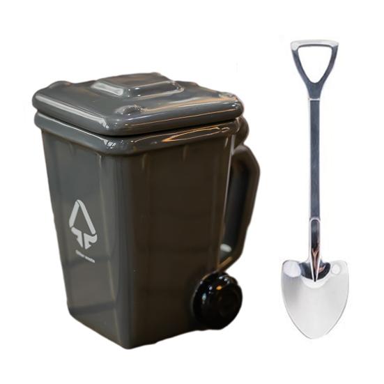 Trash Can Ceramic Mug, with Lid Mini Recycling Bin, Novelty Trash Bin Shaped Drinking Tea Cup, for Office Home серый