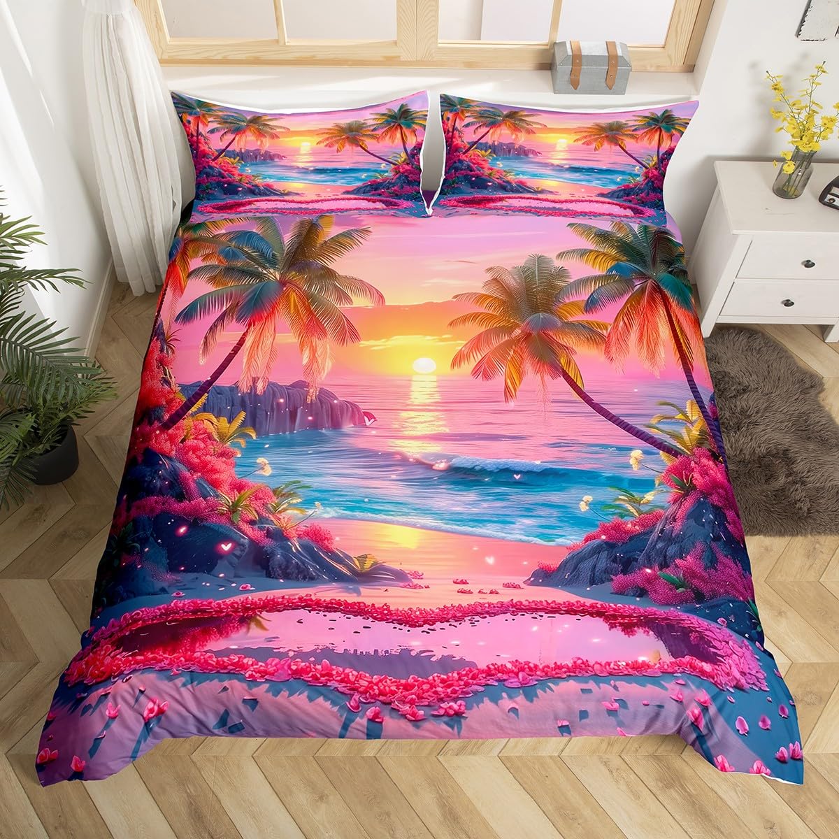 

Ocean Beach Duvet Cover Set Twin Queen Tropical Palm Leaf Flower Bedding Set 2/3Pcs,Summer Beach Theme Quilt Cover For Boys Girl EU Single(135x200cm)