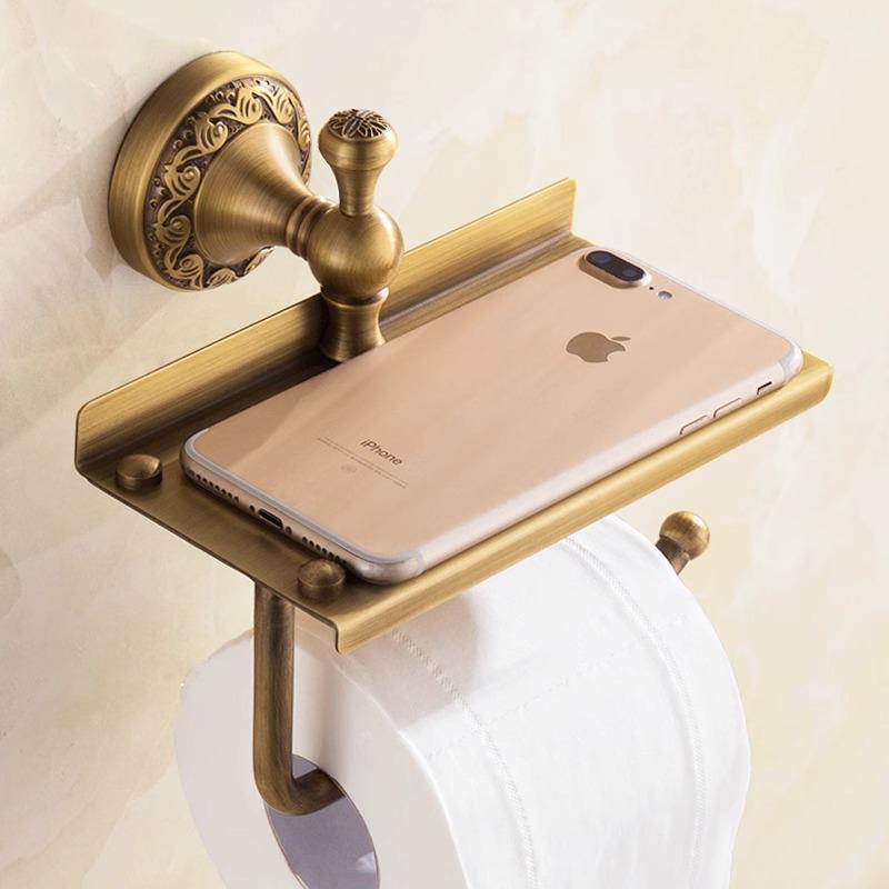 Antique-style Copper Paper Towel and Phone Holder for Bathroom Hotel Use - European No-Drill Design.