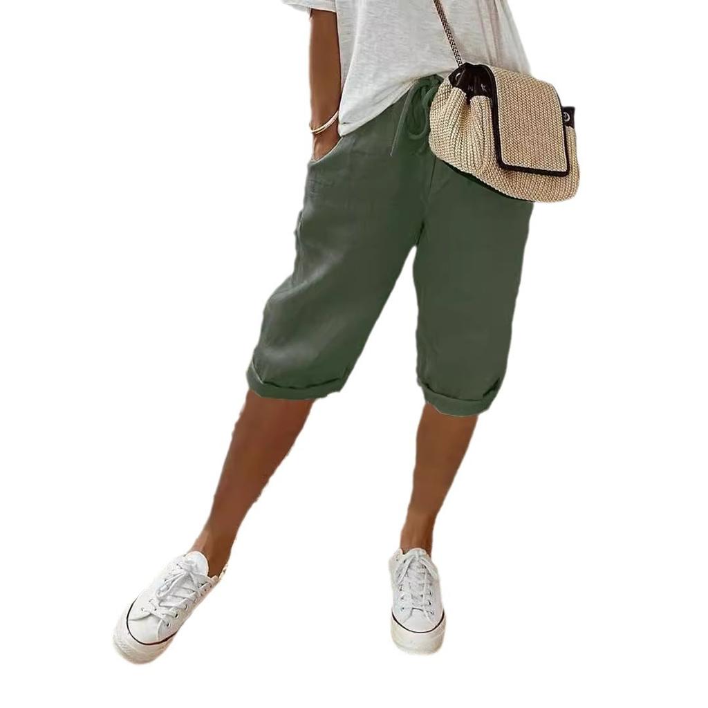 Spring Summer Vintage Solid Lace Up Women's Cotton Linen Pants Elastic High Waist Wide-Leg Shorts with Pocket Streetwear Ladies Pants