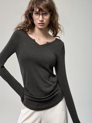 Damen Langarmshirt mit V-Ausschnitt, lockere Passform, 2025 Herbst Schlankheitsdesign im klassischen Old Money Stil