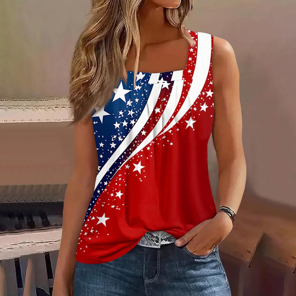 Square Collar Tank Top Women Print Tank Tee Casual Loose Fit Sleeveless Shirt