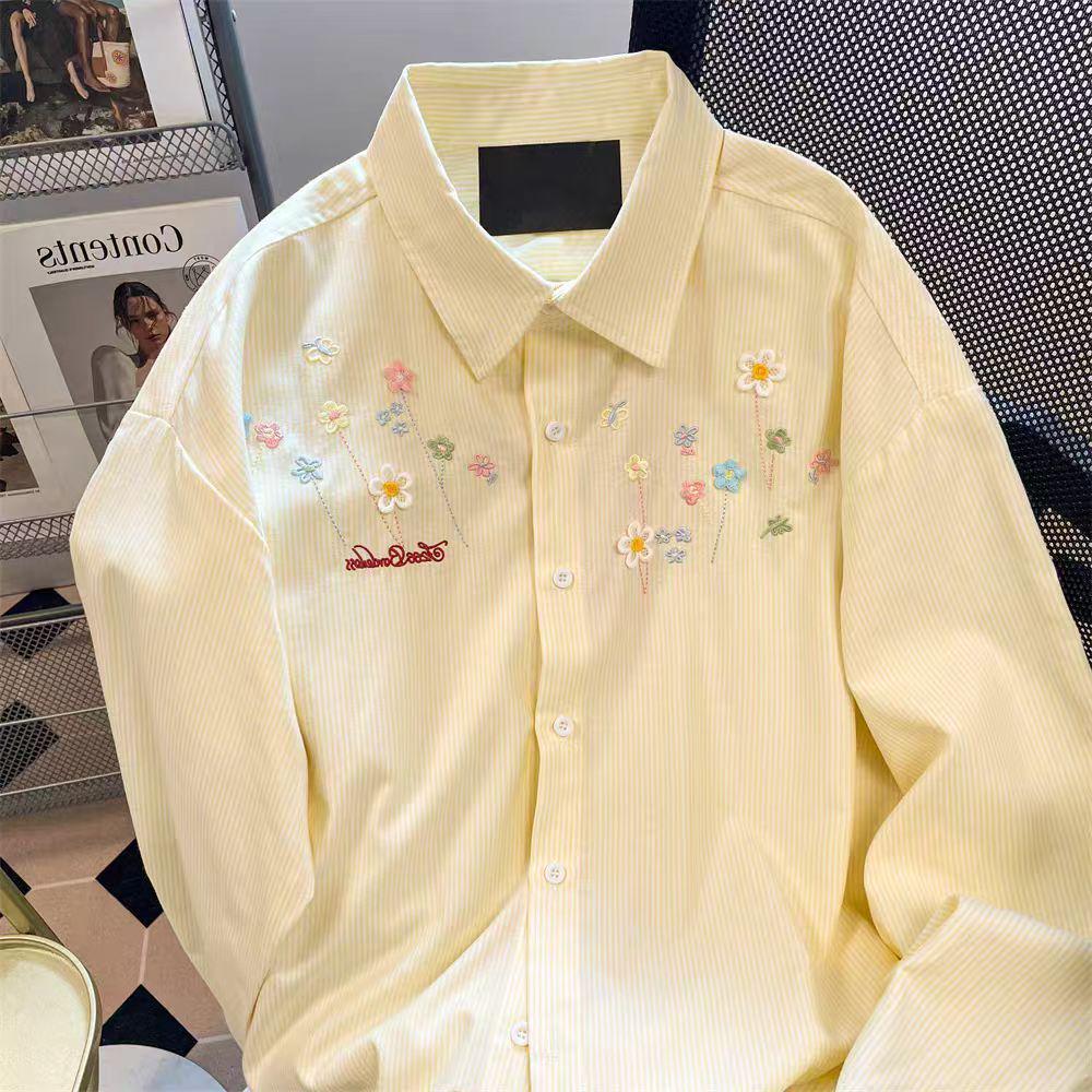 Women's Korean Sweet Style Long-Sleeve Striped Shirt with Daisy Embroidery - Autumn/Winter Loose Fit