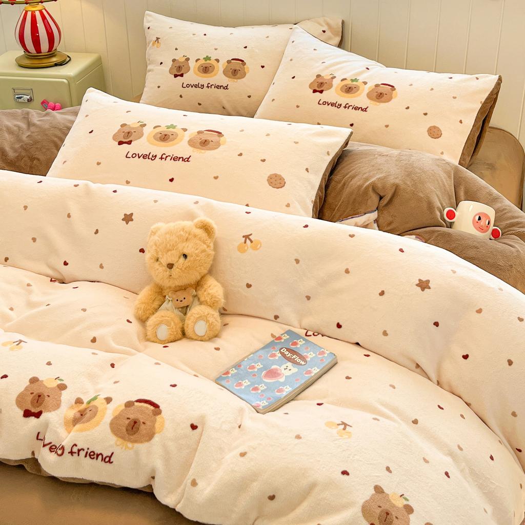 Winter milk fleece four-piece set thickened warm high gram weight double-sided fleece printed double-spell design bed sheet quilt cover