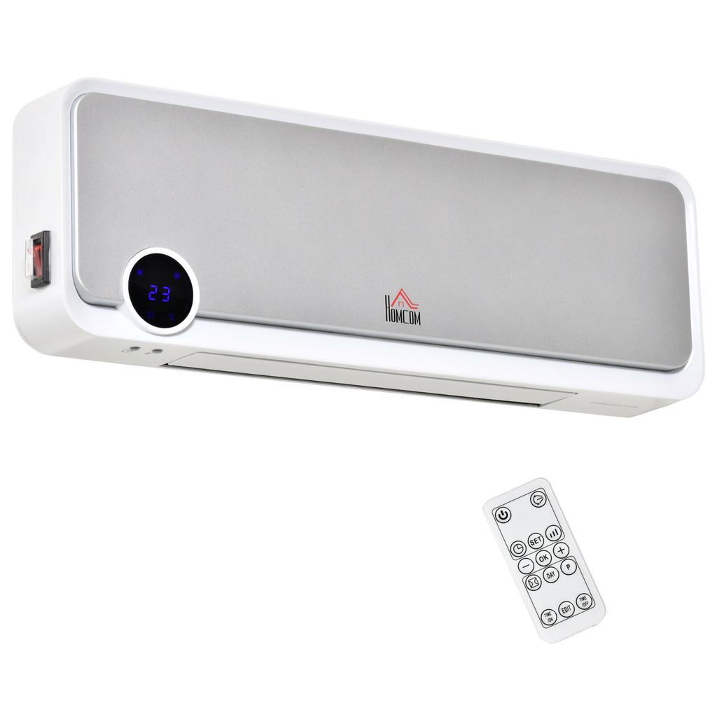 Wall-Mounted Fan Heater 2000W with Remote Control, 3 Operating Modes, LED Display 12h Timer