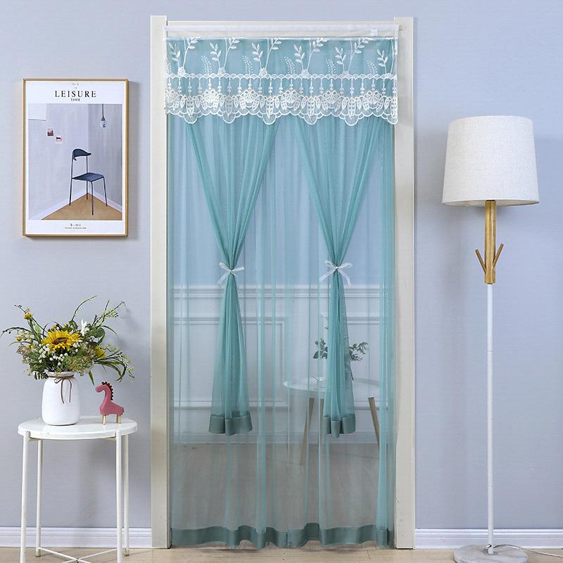 1PC Door Curtain Home Decoration Polyester Pleated Anti Mosquito Lace Embroidery Self Adhesive Double Layer