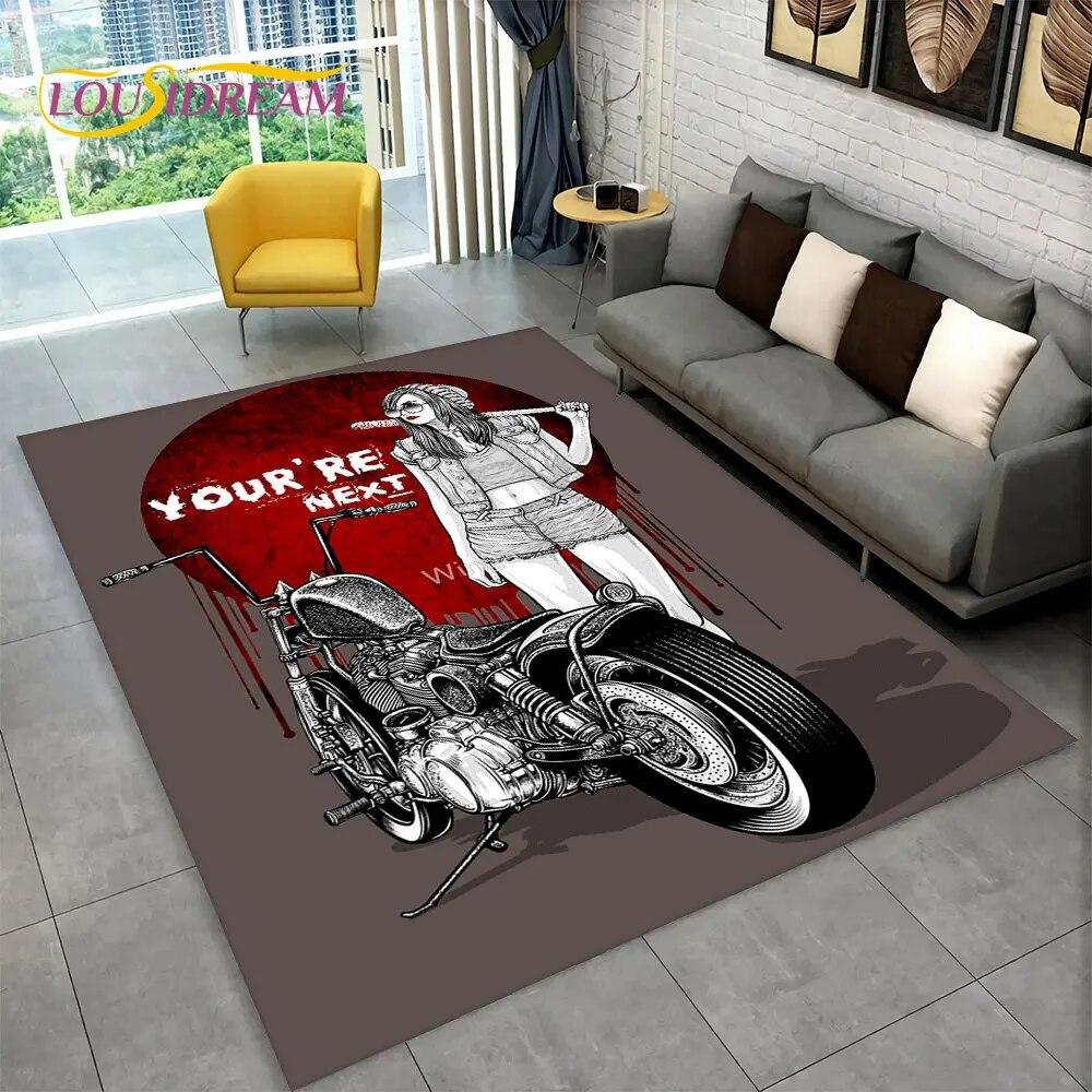 Retro Vintage Motocyklový koberec Lebka,Koberec do obývacího pokoje Ložnice Pohovka Rohožka Kuchyň Dekor,Dětská protiskluzová podložka