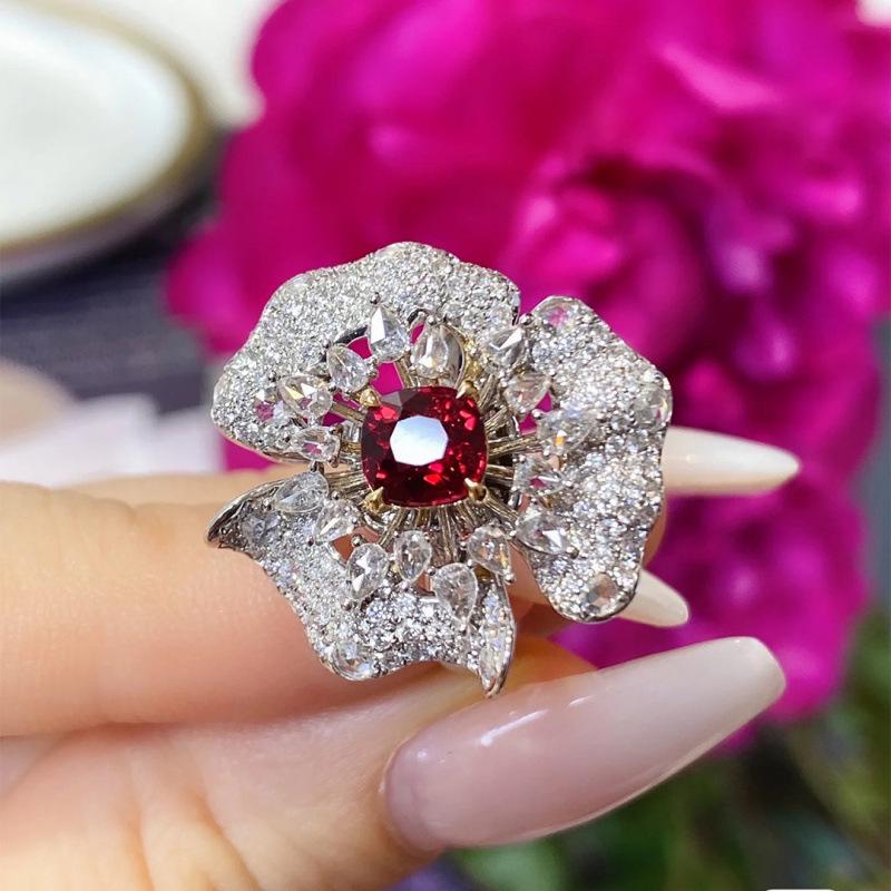 Radiant Ruby Flower Women's Open Ring - High-End Luxury & Trendy Design