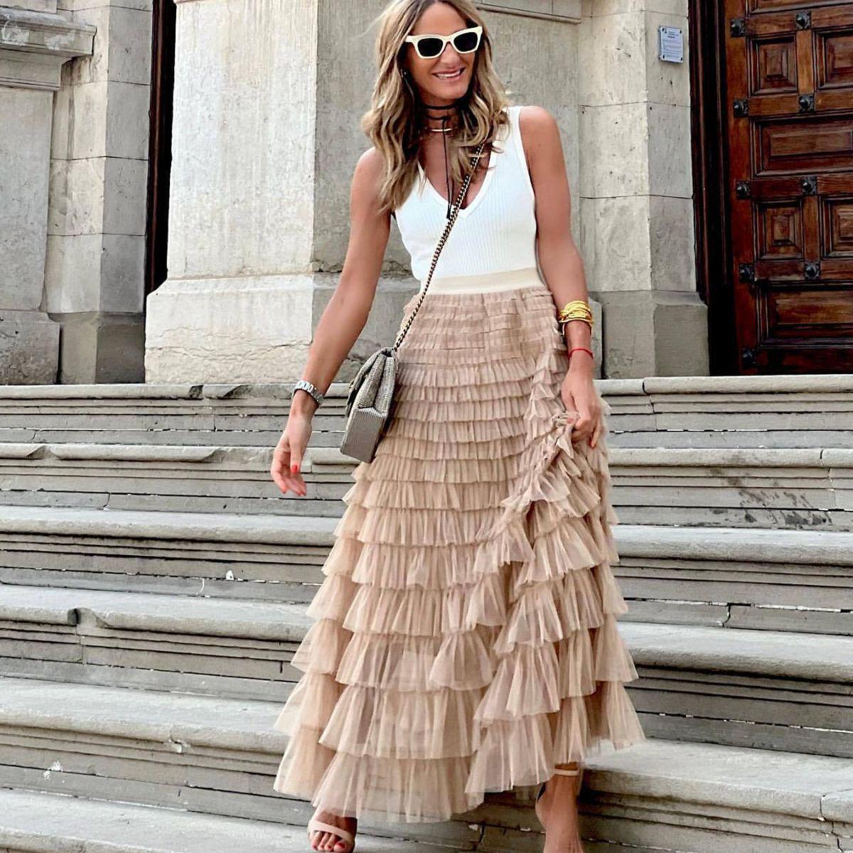 

Женская модная юбка Mesh Cake 2024 года — летний тренд Large хаки