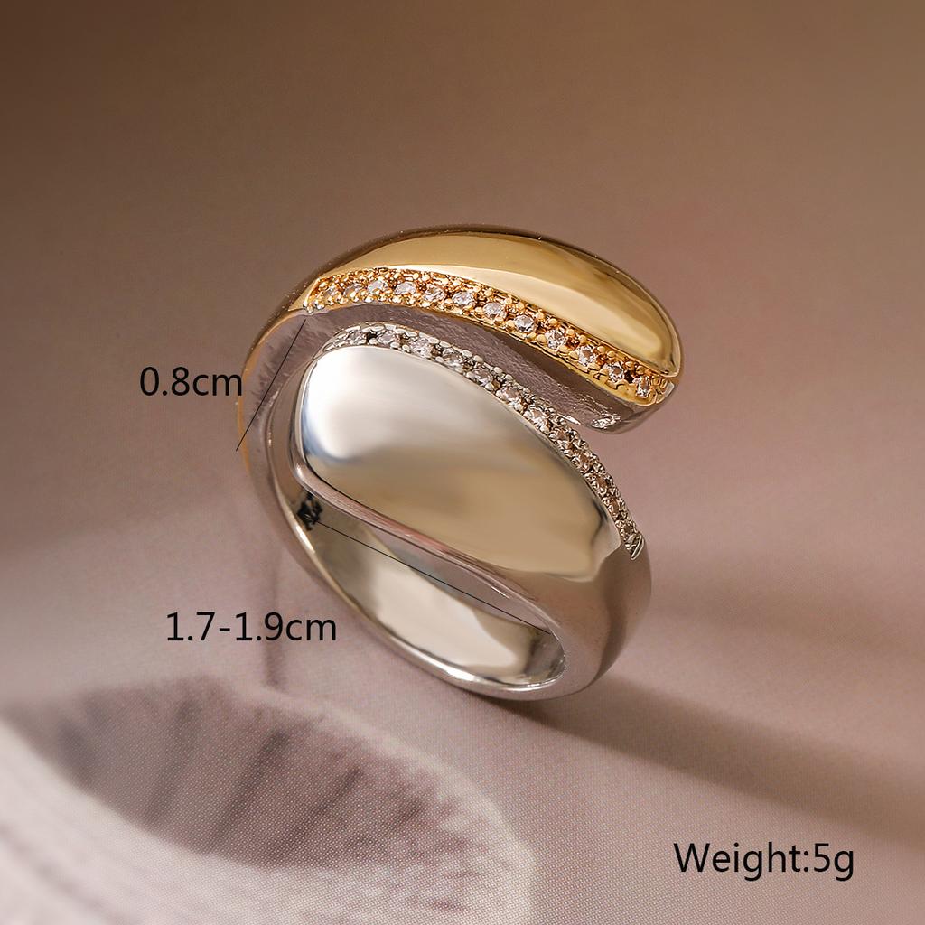 Two-Tone Geometric Open Cubic Zirconia Ring for Women, Adjustable Ins Fashion Jewelry, Minimalist Luxury Gift