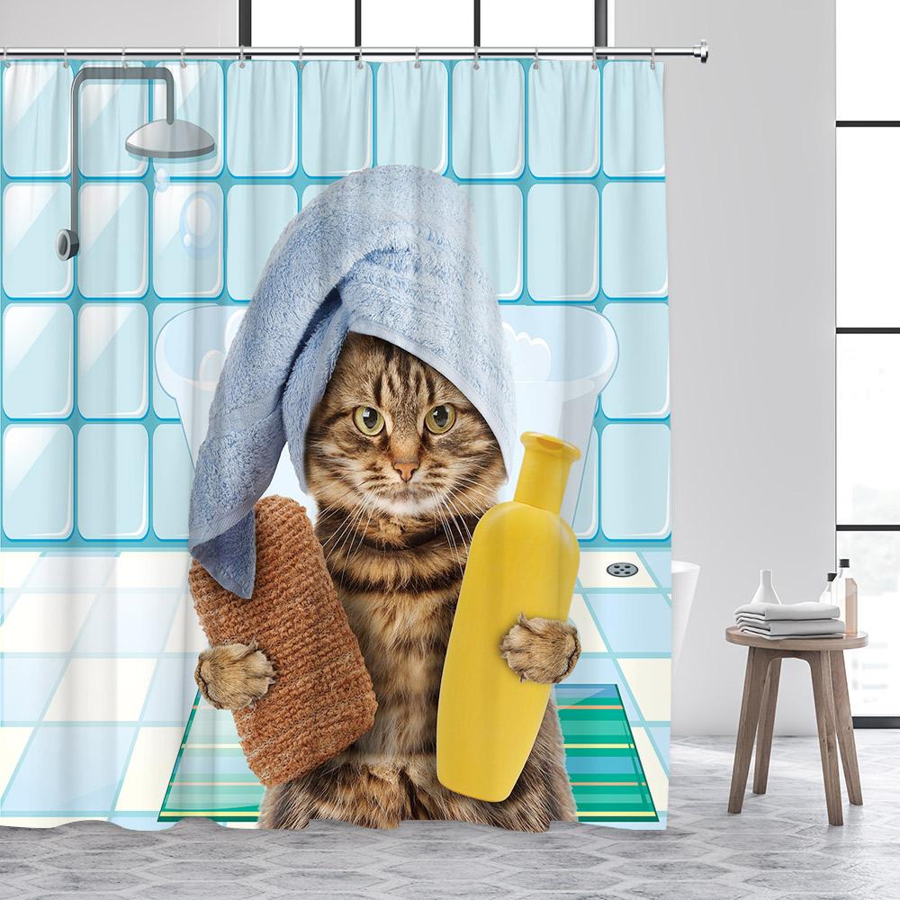 Funny Animals Shower Curtain Cute Diving Dog Cat Riding Shark Brown Bear Ocean Landscape Children Bathroom Curtains Fabric Decor