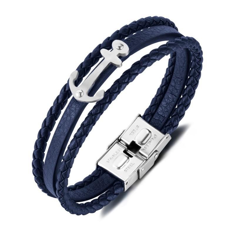 Leather Bracelet Men s Stainless Steel Trendy Fashion Anchor Punk Style Multi Layer