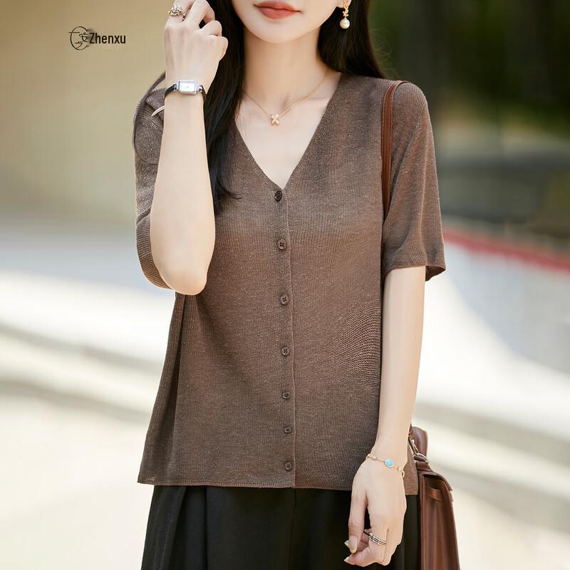 Women's Lightweight Tencel-Linen V-Neck Short Sleeve Knit Cardigan Tee