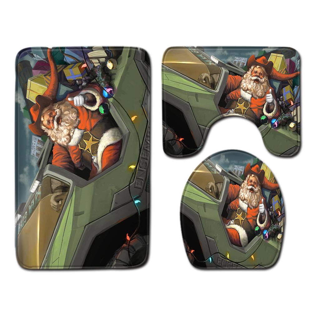 Christmas Shower Curtain Floor Mat Combination Four-Piece Set Bathroom Toilet Carpet Shower Room Mat Foot Mat