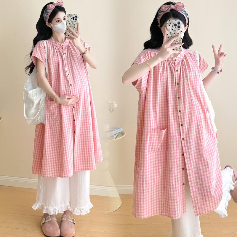 2026 Stylish Summer Pink Plaid Ruffle Two-Piece Set with Wide-Leg Pants
