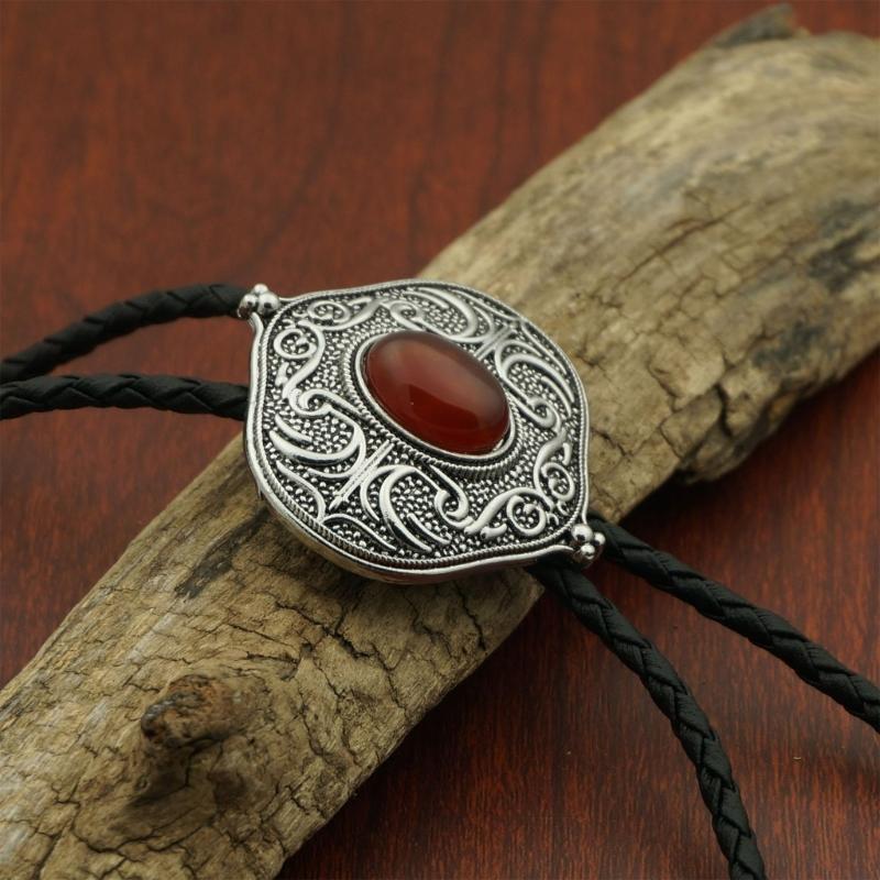 Braided Shoestring Gemstones Bolo Tie Charm Cowboy Necktie Necklace