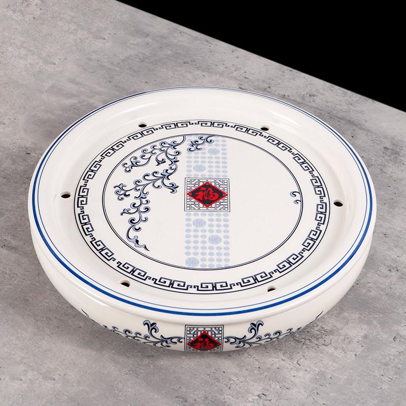 14-inch Ceramic Round Tea Tray for Gongfu Tea, with Double-Layer Water Storage