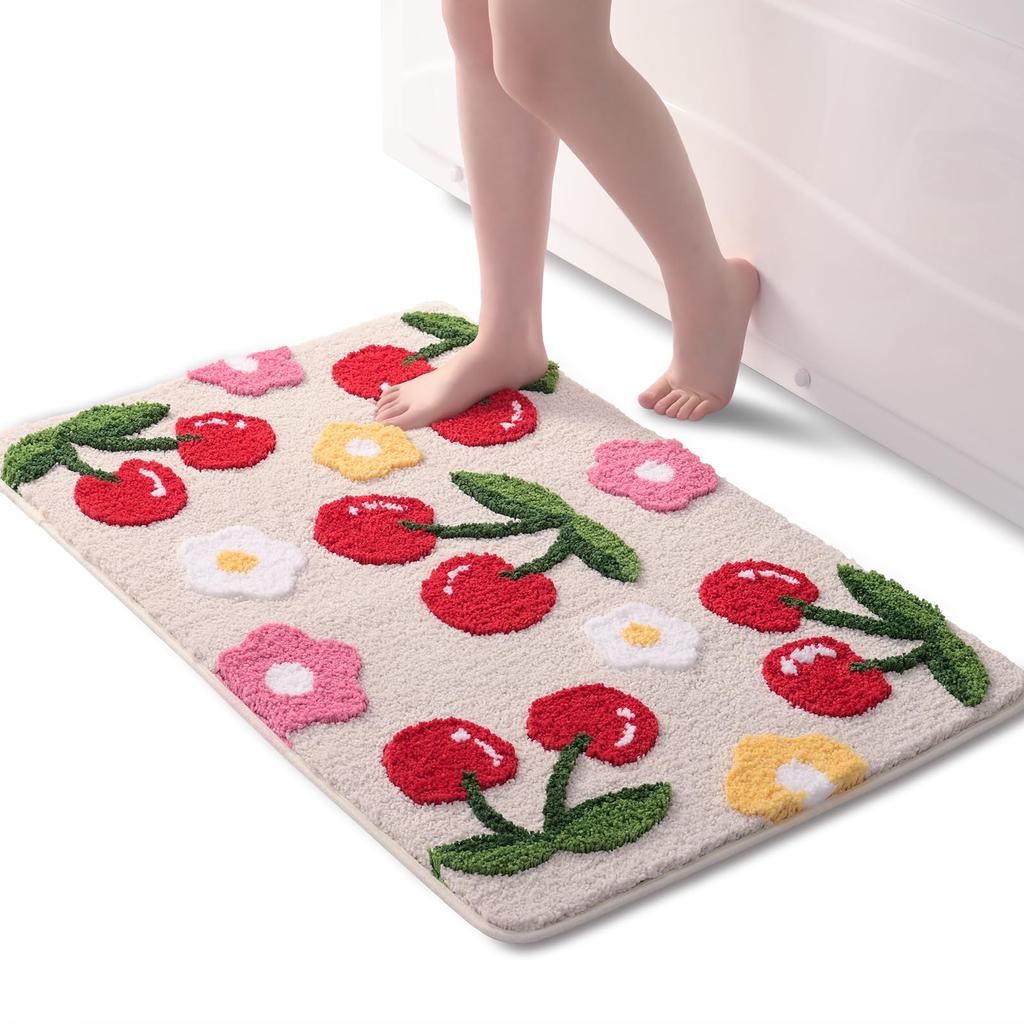 Beige Bathroom Rugs Cute Cherry Bath Mat Coloful Bathroom Accessories, Funny Flower Rug Non Slip Floor Mat, Machine