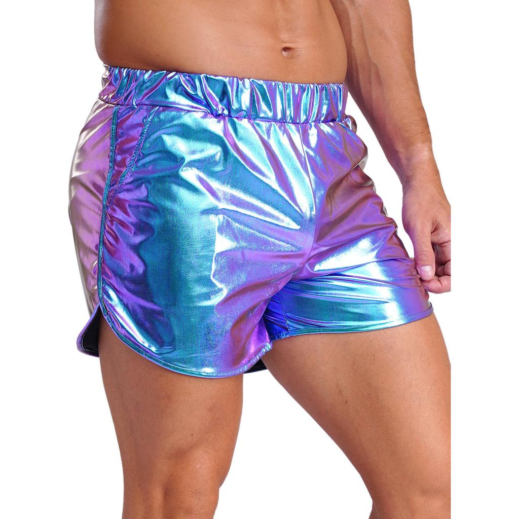 Men's Metallic Workout Shorts M-XL: Shiny Booty Shorts with Elastic Waist & Side Pockets for Bodybuilding, Gym & Yoga