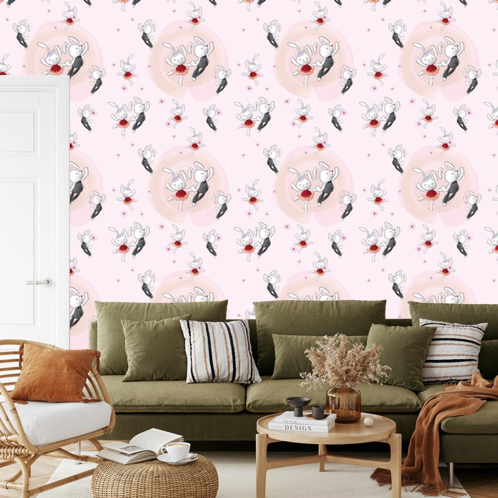 Wallpaper Bunnies In Love Among Flowers for Living Room and Bedroom 50x1000