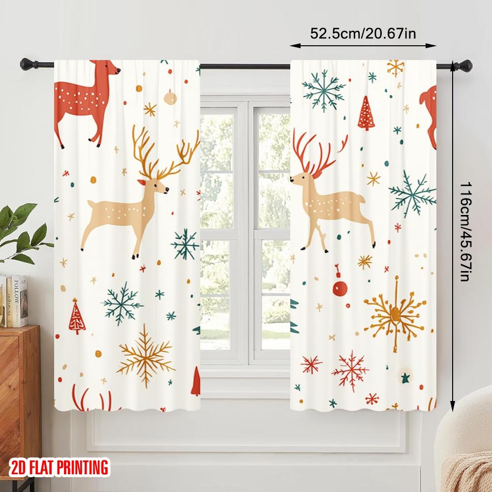 2pcs,2D Plane Printing Curtain Fabric Christmas Trees Snowflakes Deer Bauble (3) Versatile 100% Polyester (without Rod) Holiday