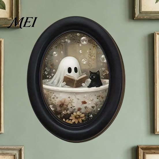 Easy Install Adhesive Wall Sign Halloween Gothic Oval Wooden Hanging Plaque, Vintage Framed Black Cat Little Party Background Ghost Sign, Waterproof