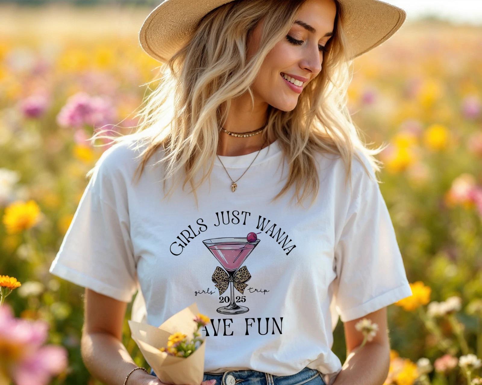 Girls Just Wanna Have Fun T-Shirt 2025 Girls Trip Cocktail Graphic Tee A21 2XL