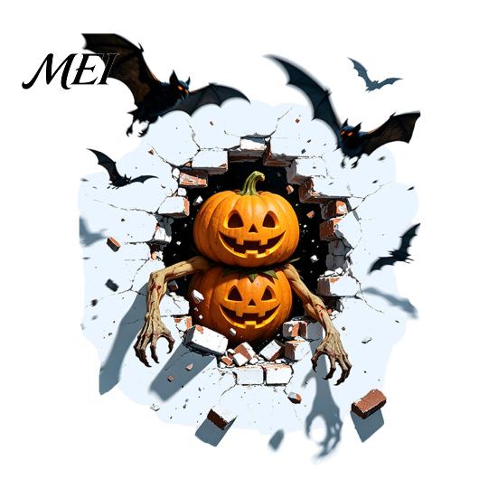 Realistic Crack Effect Wall Decor Halloween Sticker, Pumpkin/Zombie/Werewolf/Clown Print, Waterproof PVC Self-Adhesive Decals, Self Adhesive A