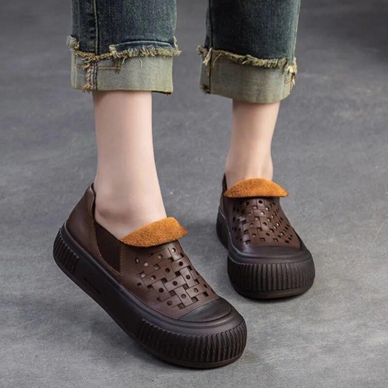 Johnature Simple Breathable Hollow-out Shoes Retro Genuine Leather Thick Sole Women's Flat Platform Shoes