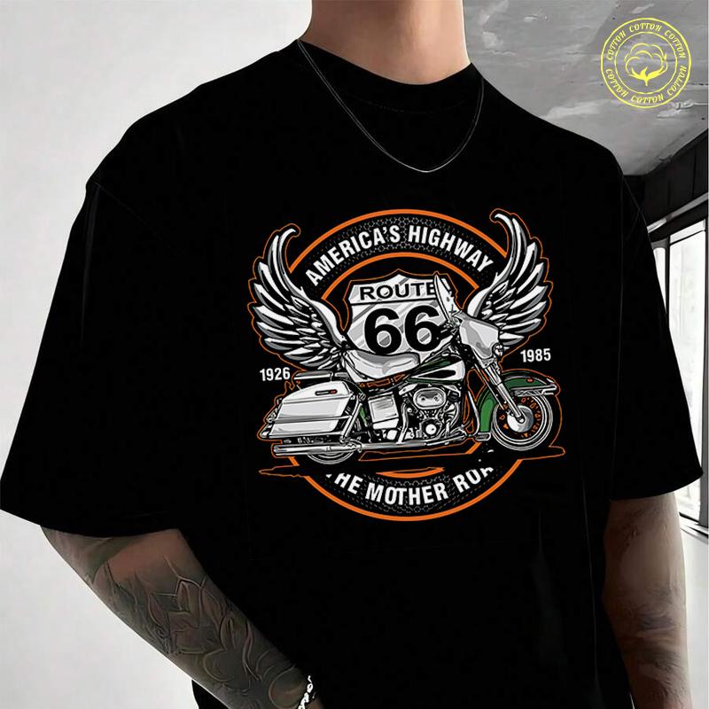 Vecteezy Motorcycls Route 66 Men's Cotton T-Shirt Moto Casual O-neck Short Sleeve Summer Street